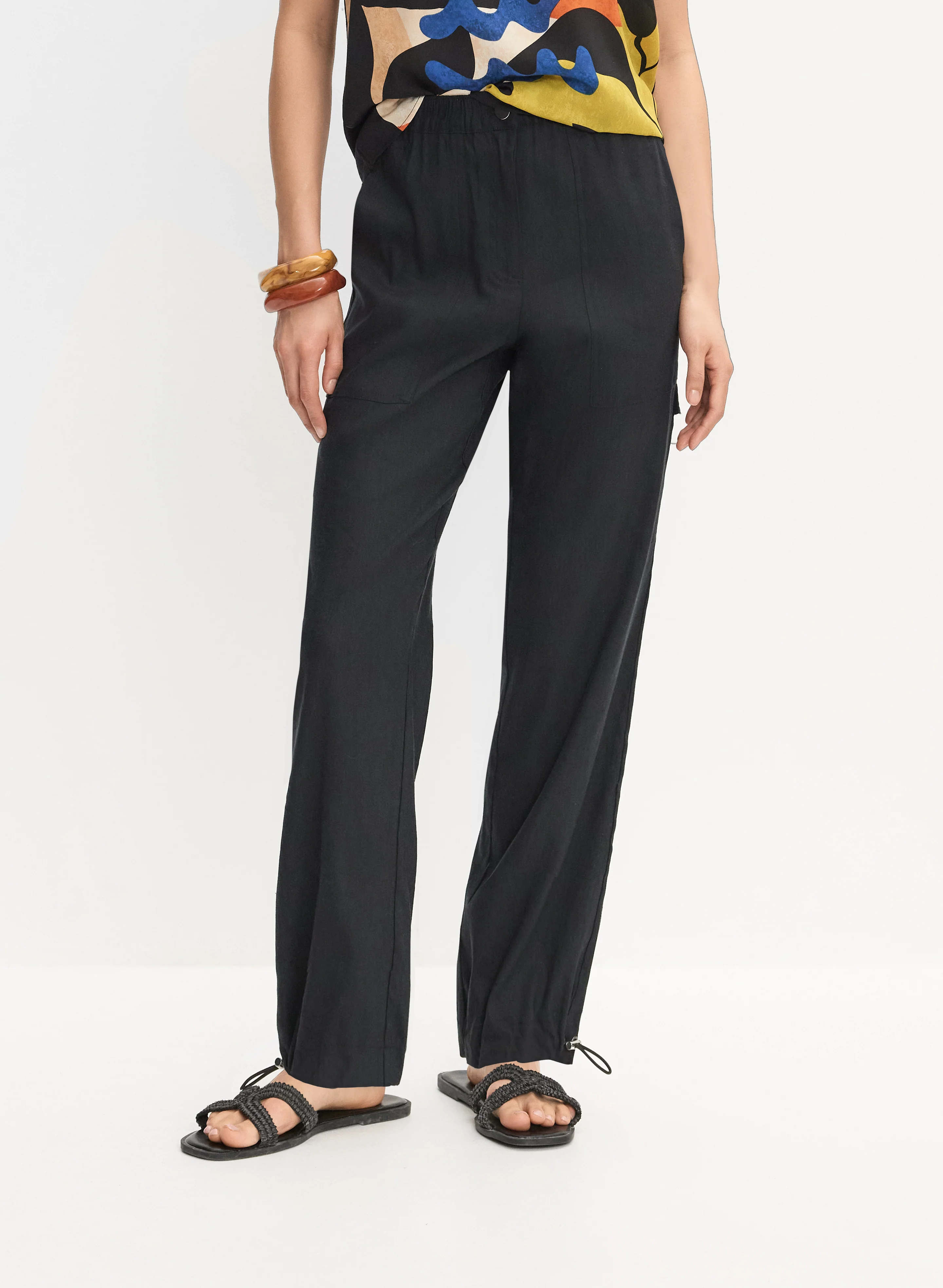 Elasticized Linen-Blend Cargo Pants