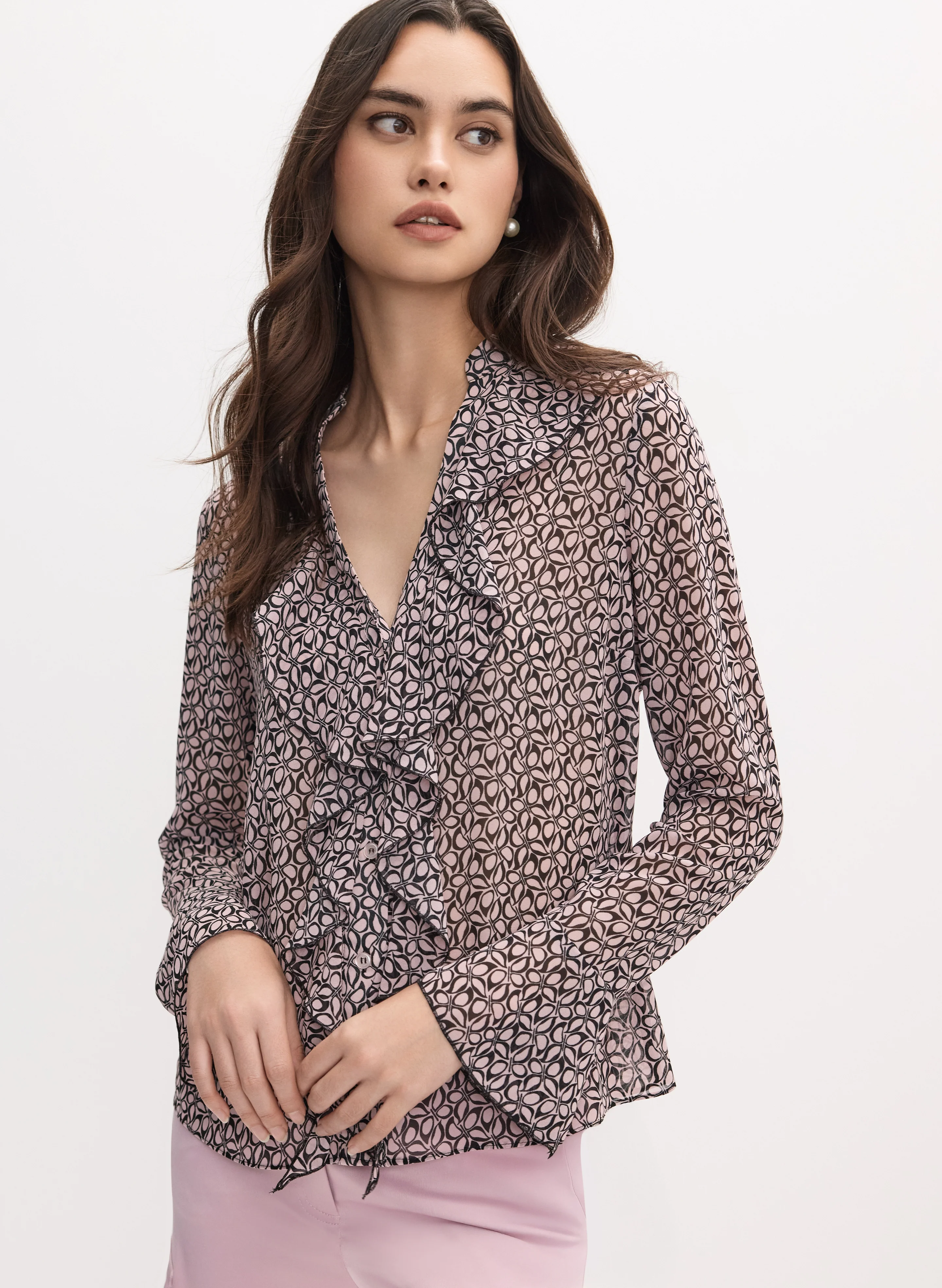 Geometric Ruffle Front Blouse