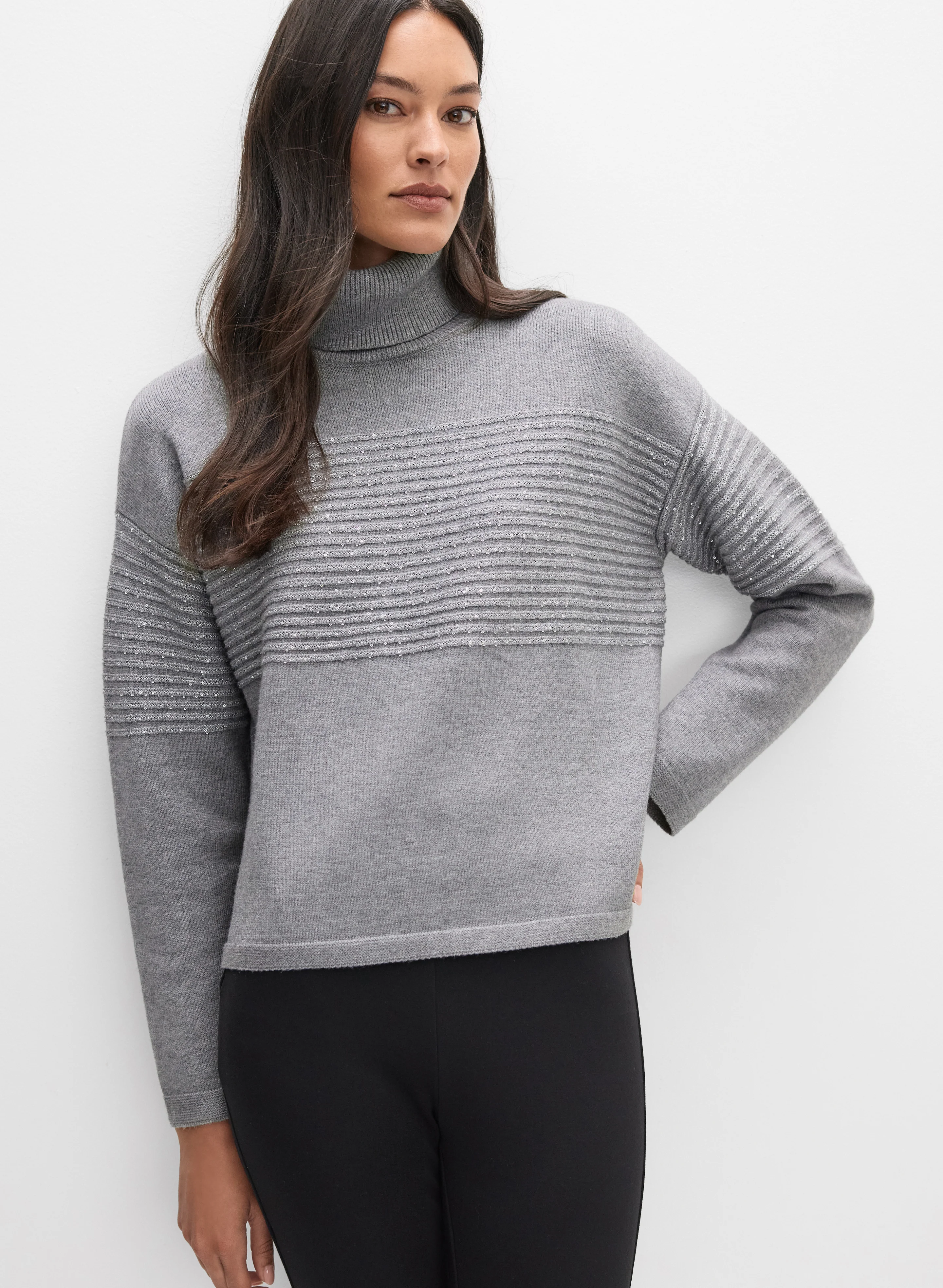 Sequin Striped Turtleneck Sweater