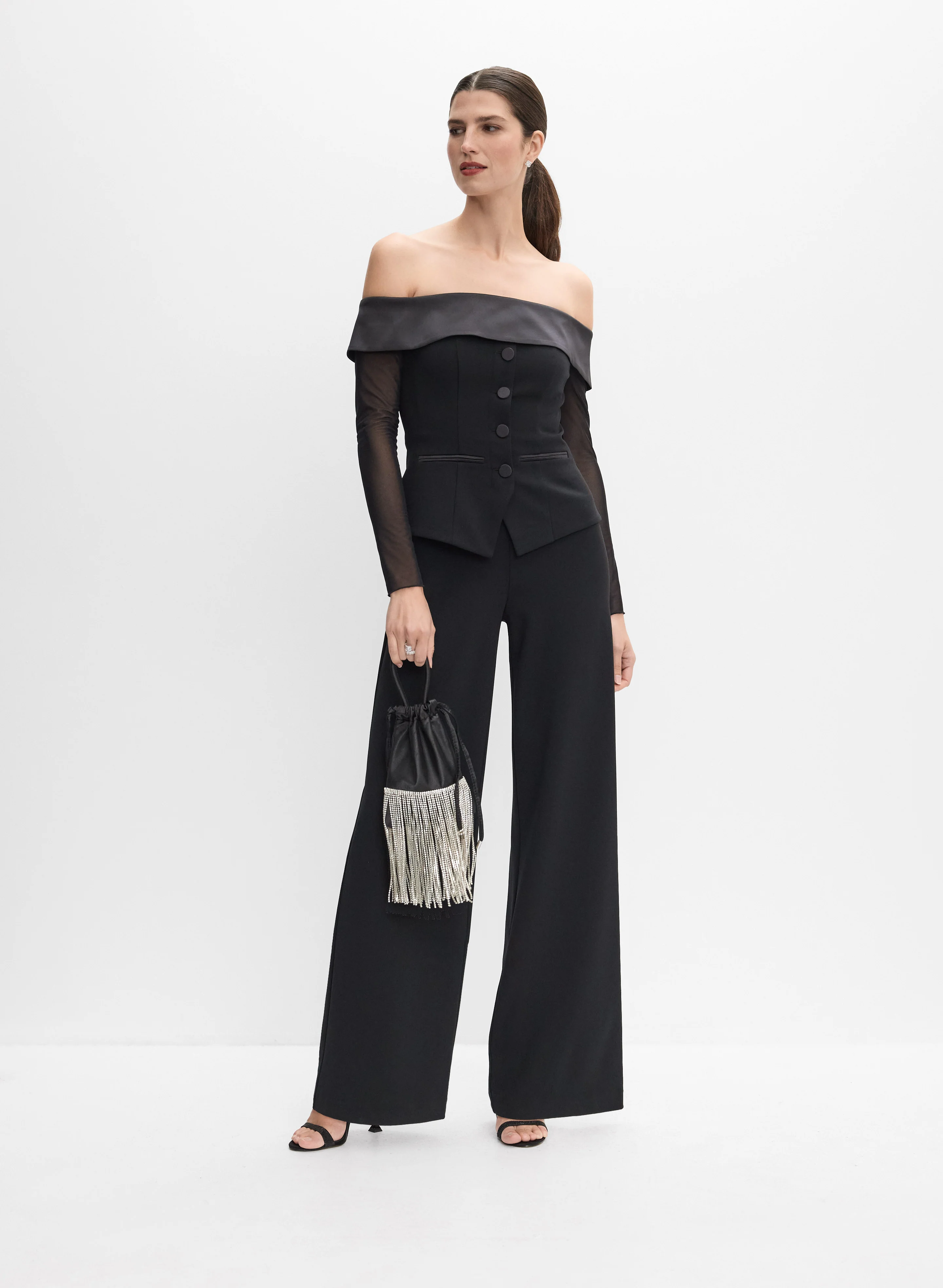 Illusion Off-Shoulder Tuxedo Jumpsuit