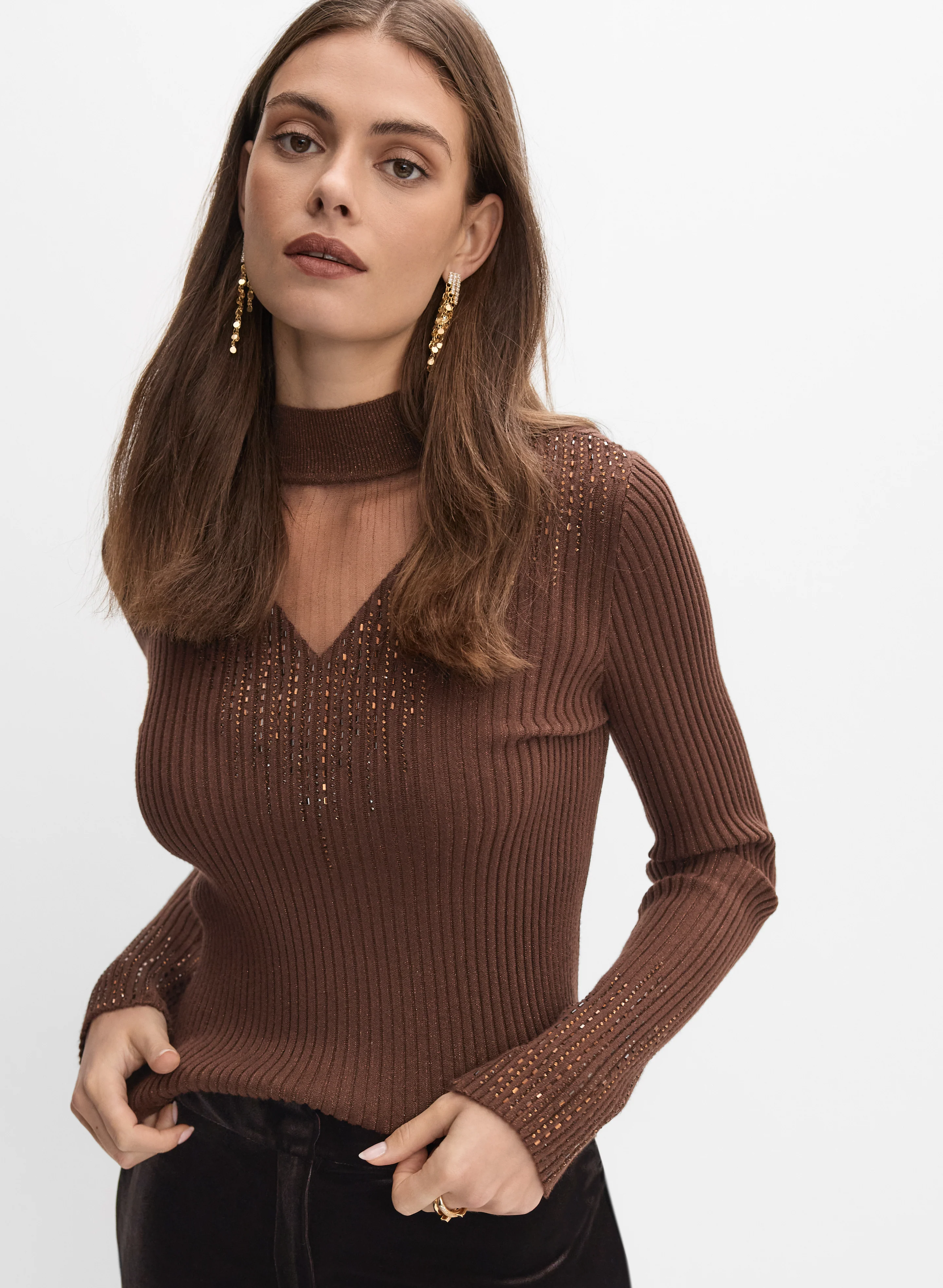 Metallic Sheer Yoke Sweater