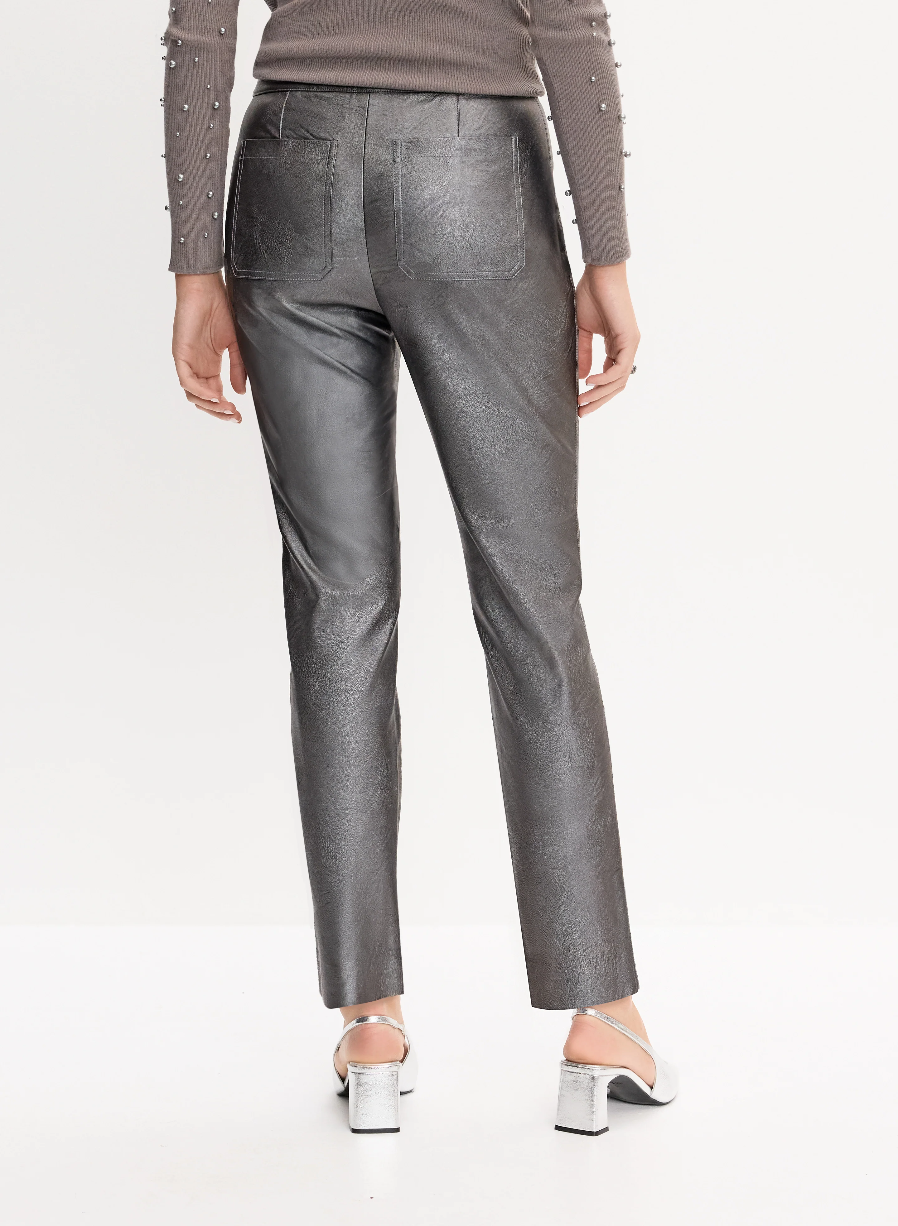 Metallic Vegan Leather Straight-Leg Pants