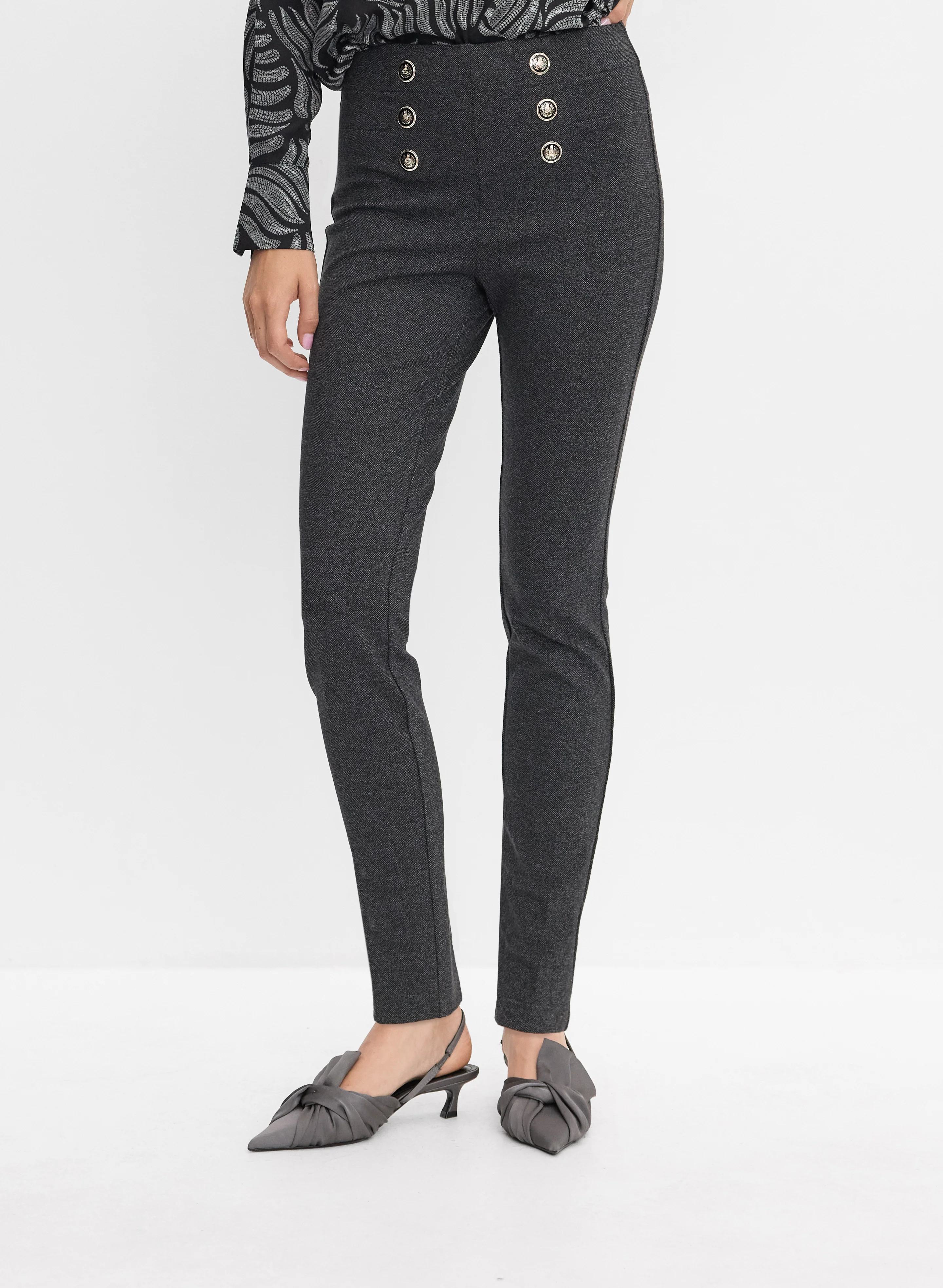 Embossed Button Slim-Leg Pants