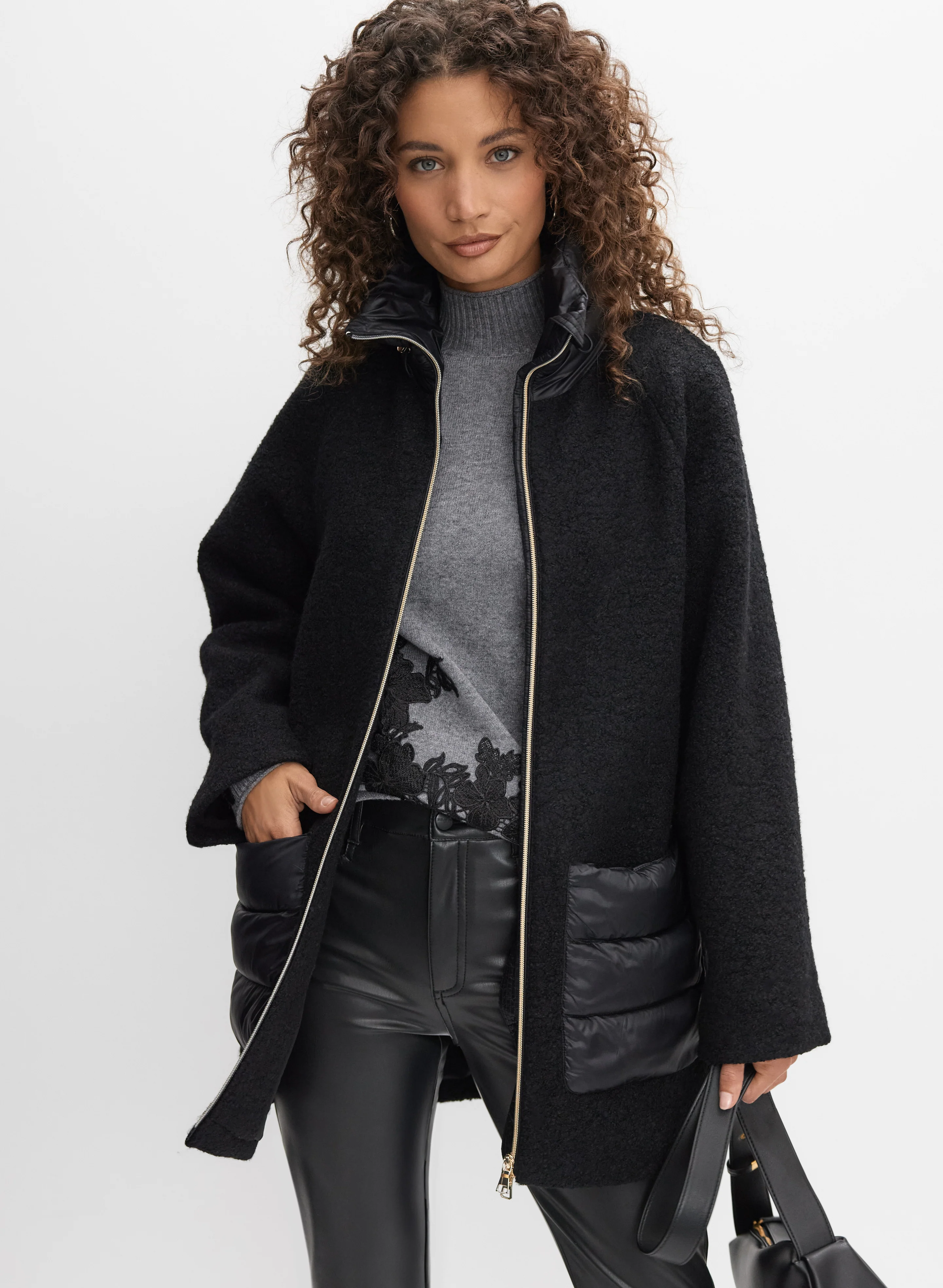 Quilted Detail Boiled Wool Coat