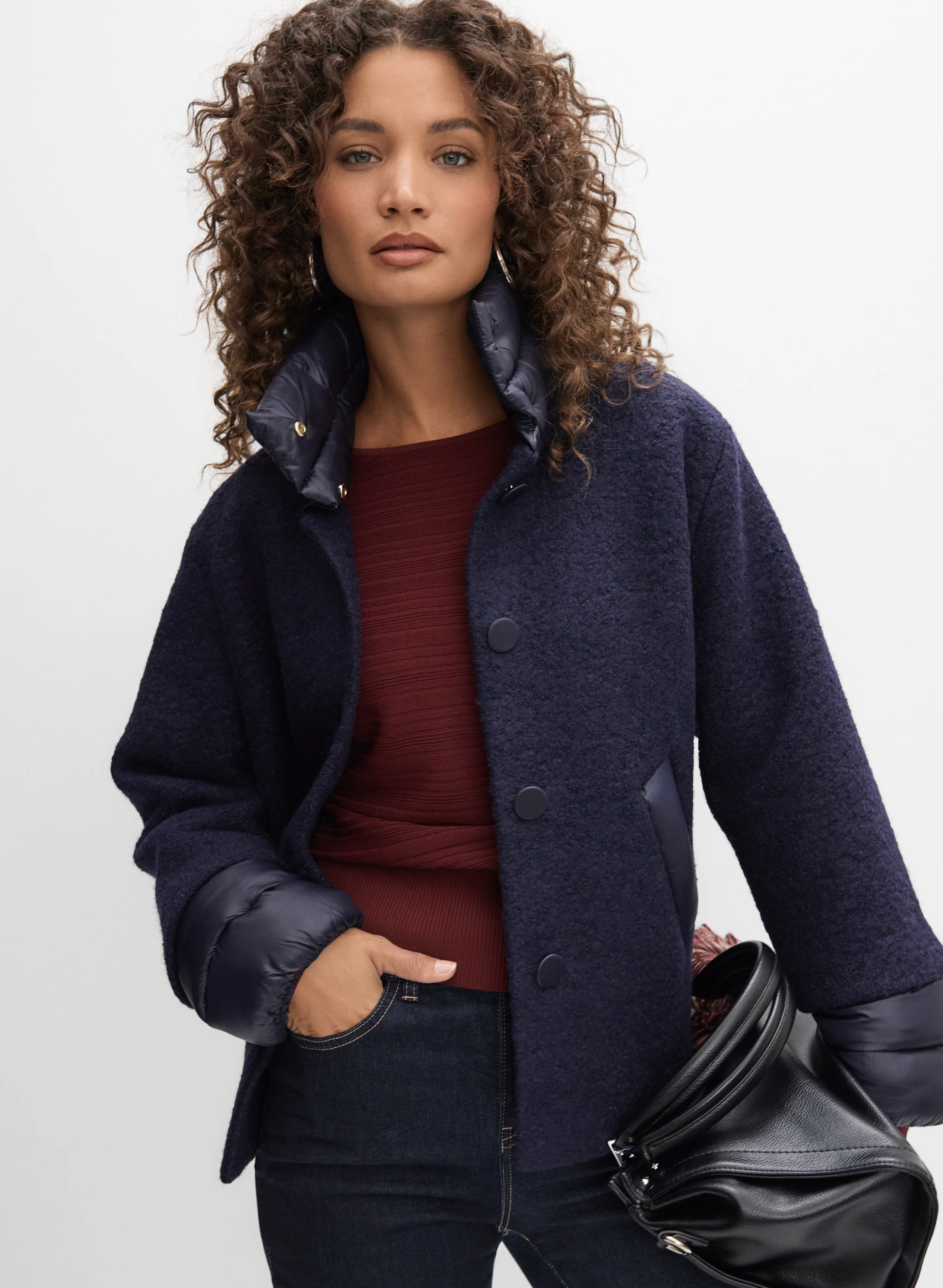 Quilted Detail Boiled Wool Coat