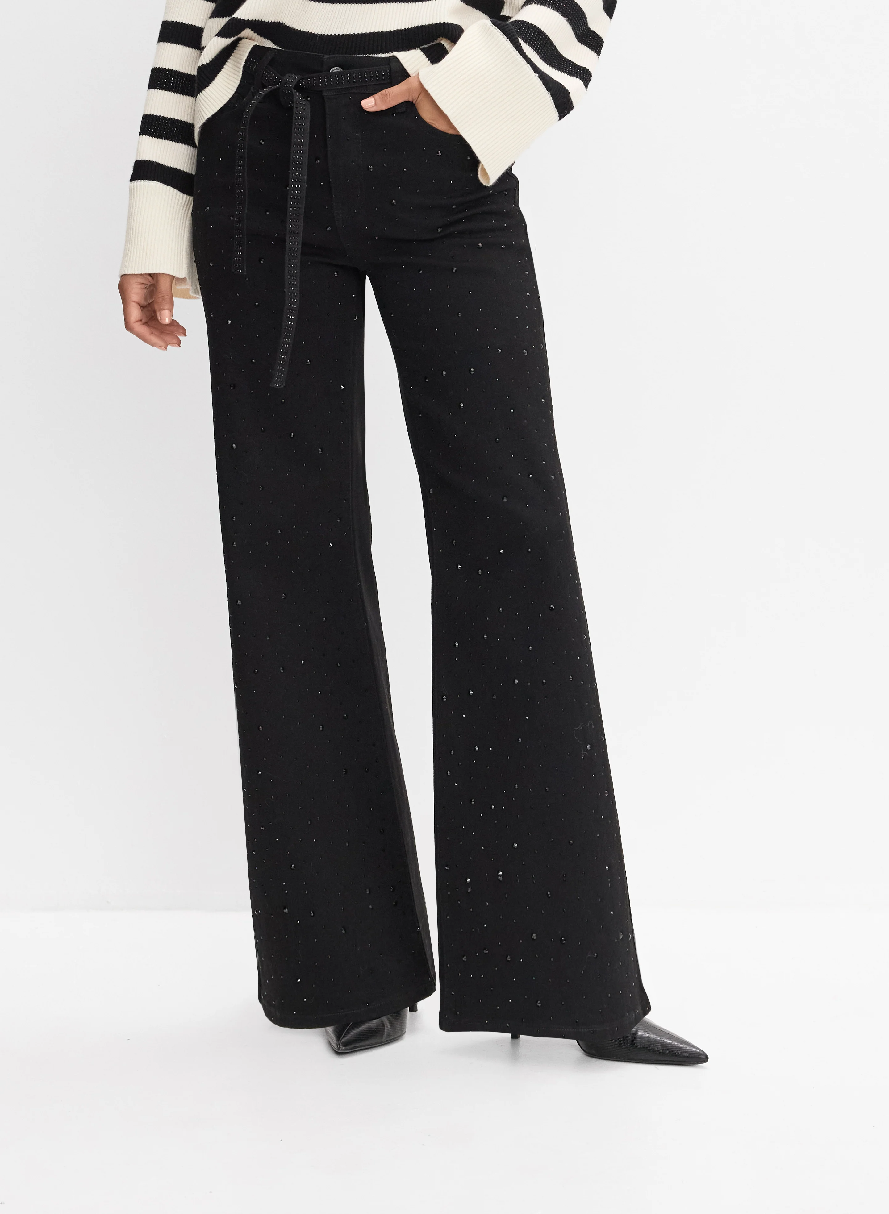 Tonal Embellished Belted Jeans
