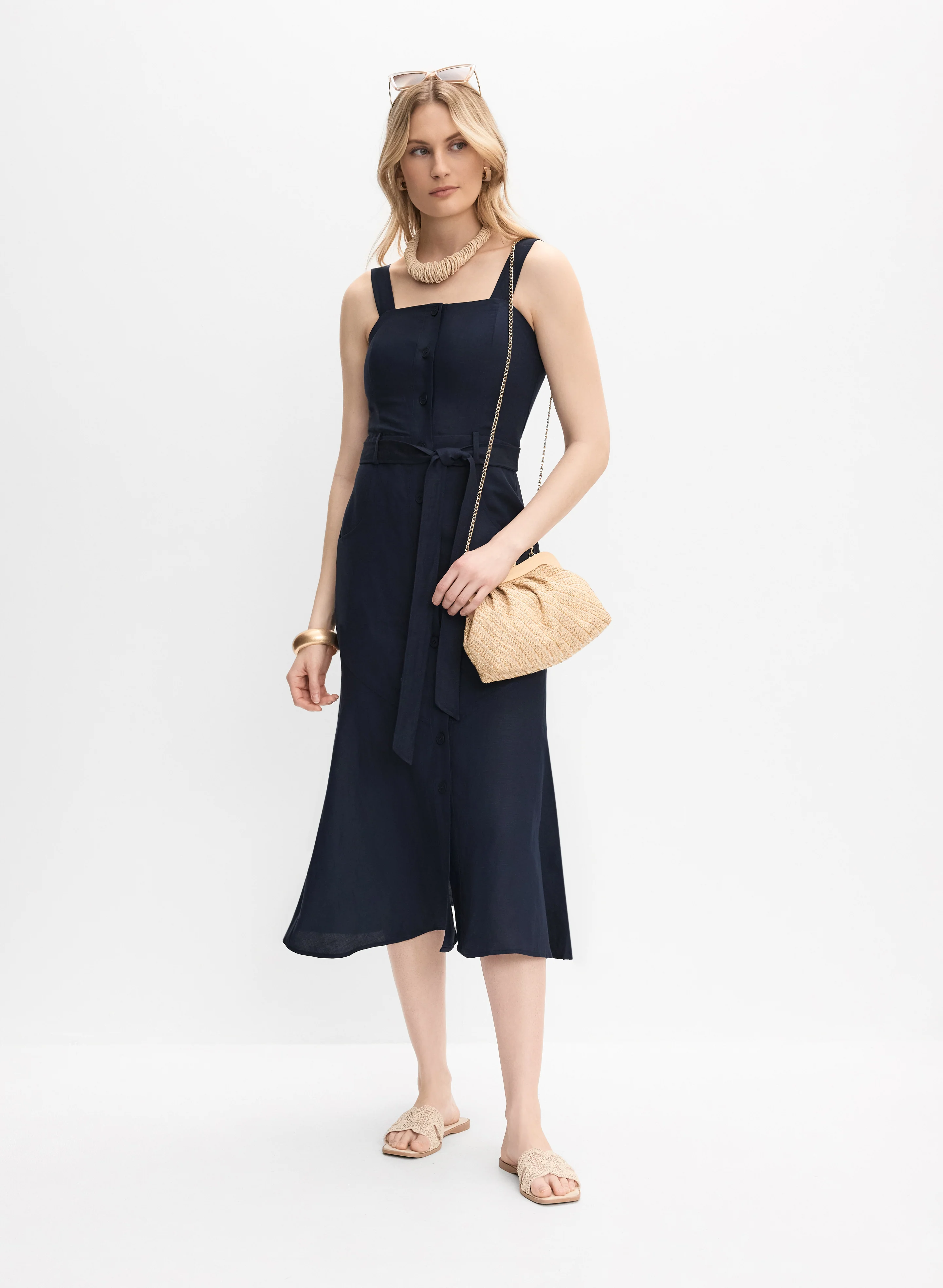 Linen-Blend Button-Down Dress