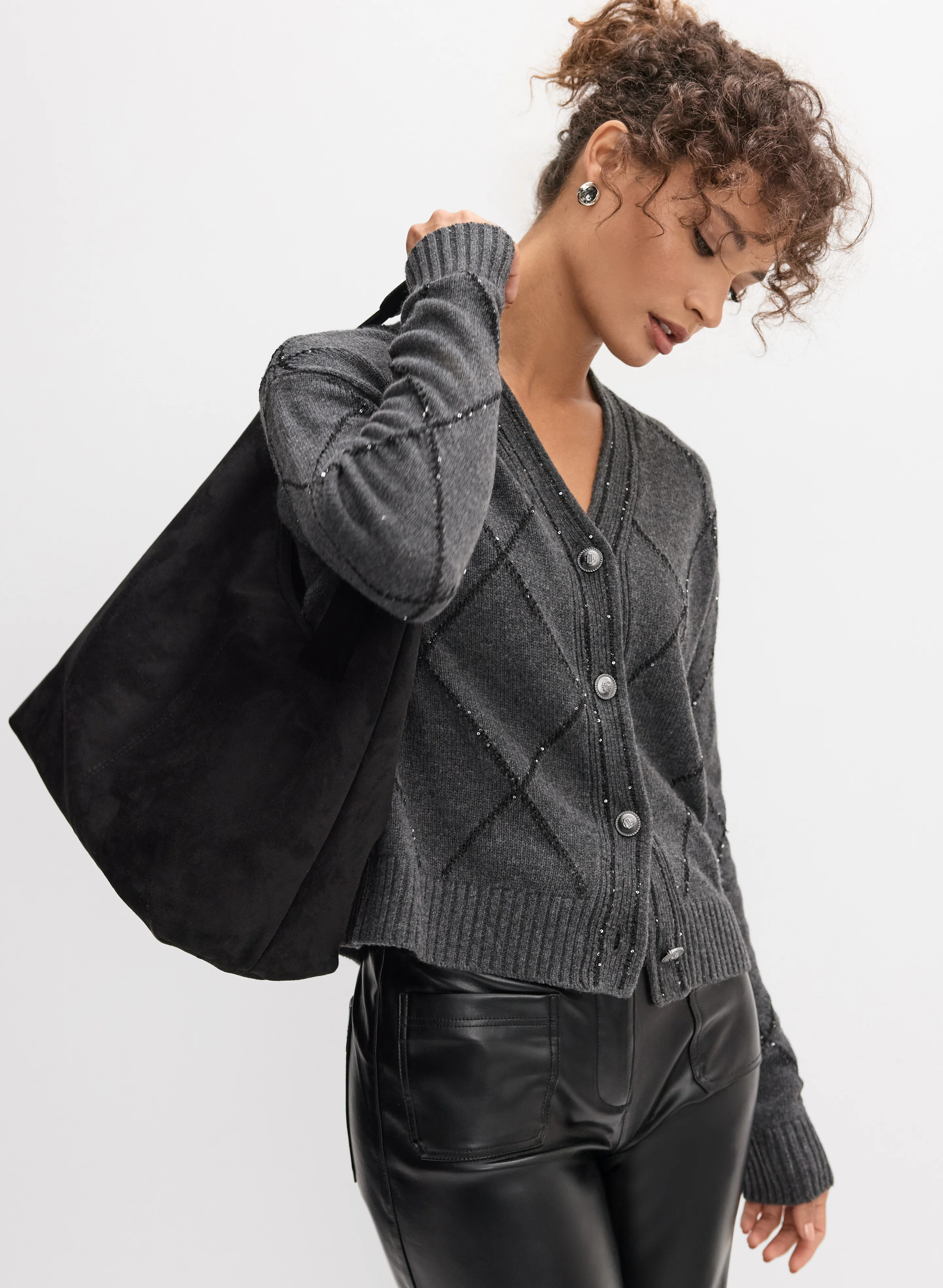 Sequin Embellished Argyle Cardigan